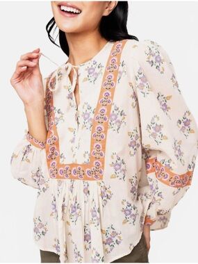 Bila 77 Ridgewood Floral Peasant Top Cottagecore Boho Ivory Cotton Size Small